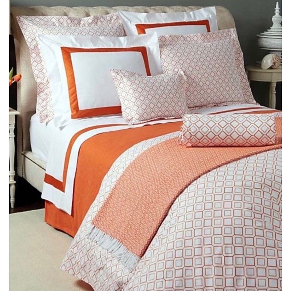 Sferra Deagan Queen Duvet Cover Tangerine Egyptian Cotton Percale Print Italy